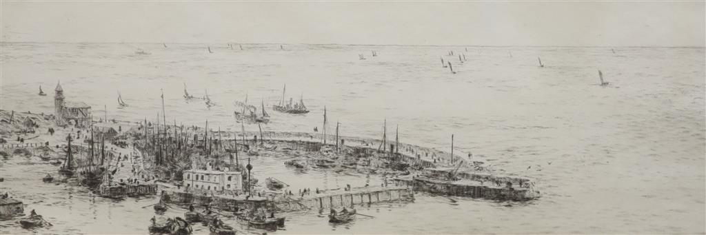 William Lionel Wyllie (1851-1931), drypoint etching, Port of Scarborough, signed in pencil, 11 x 32.5cm